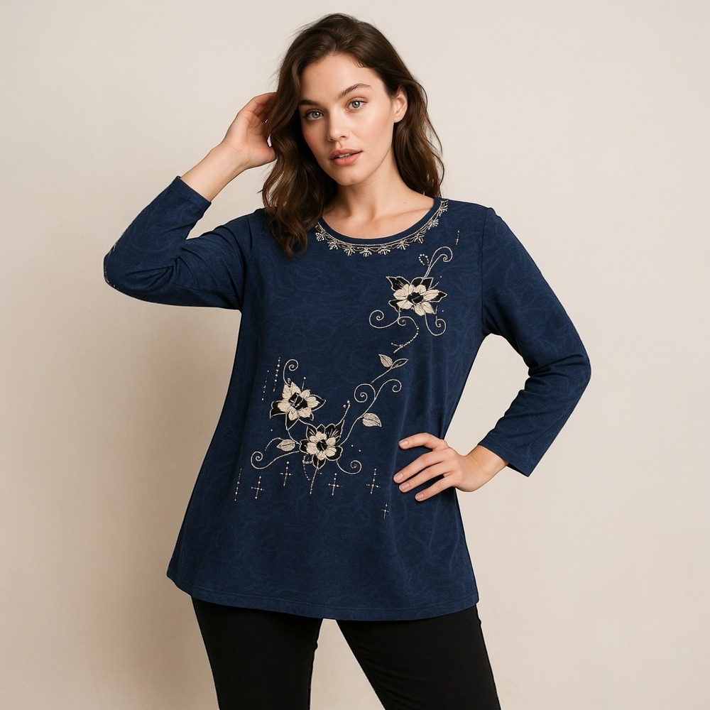 Victoria Embroidered Floral Top Blue XL/XXL Plus Size Retro Artsy Boho Classic